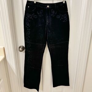 Suede Leather Black Floral Embroidered Straight Leg Pants Size 6 Western Grunge